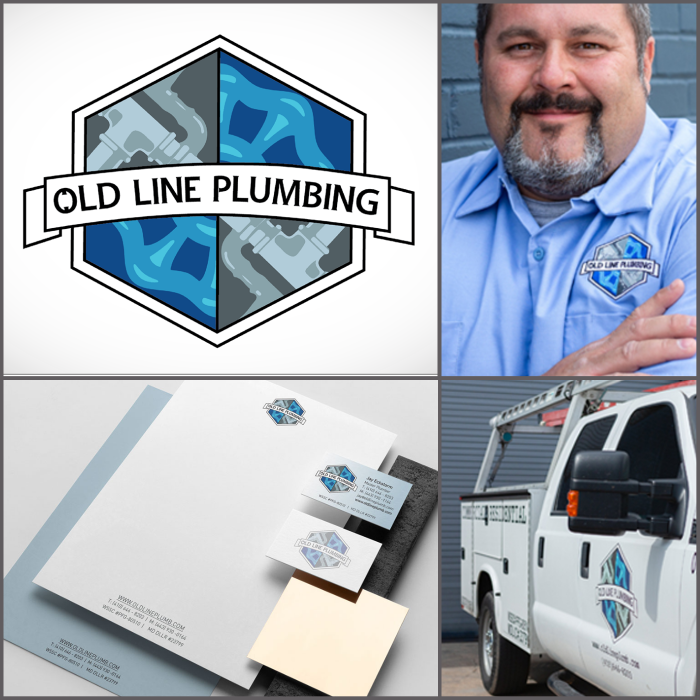 A grid showing logo design, branded uniforms, stationary, and truck decals for Old Line Pluming.