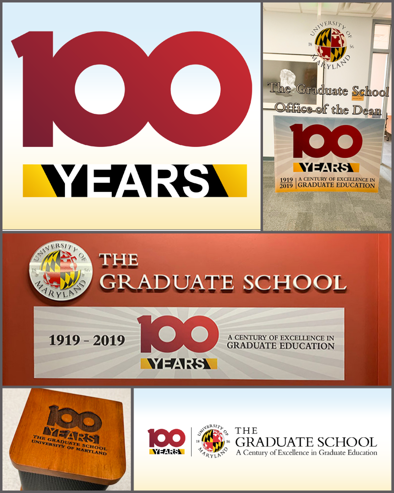 Logo design for the University of Maryland's centennial celebration, implemented on glass door and wall decals and a branded wooden bluetooth speaker