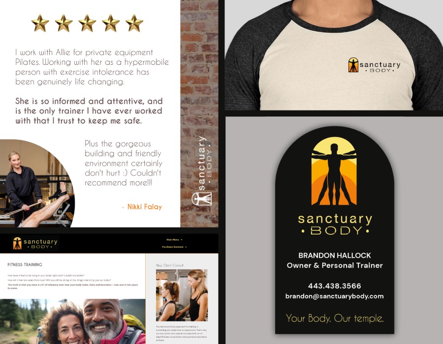 A brand grid for Sanctuary Body showing a social post, arched business card, logo tee, and website screenshot