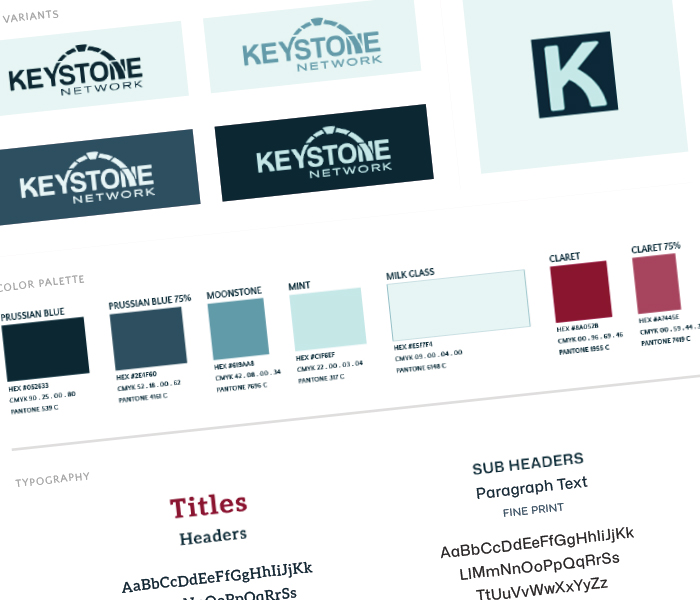 Close-up of Keystone Network brand design and guidelines, including logo variants, color palette with codes, and font selections