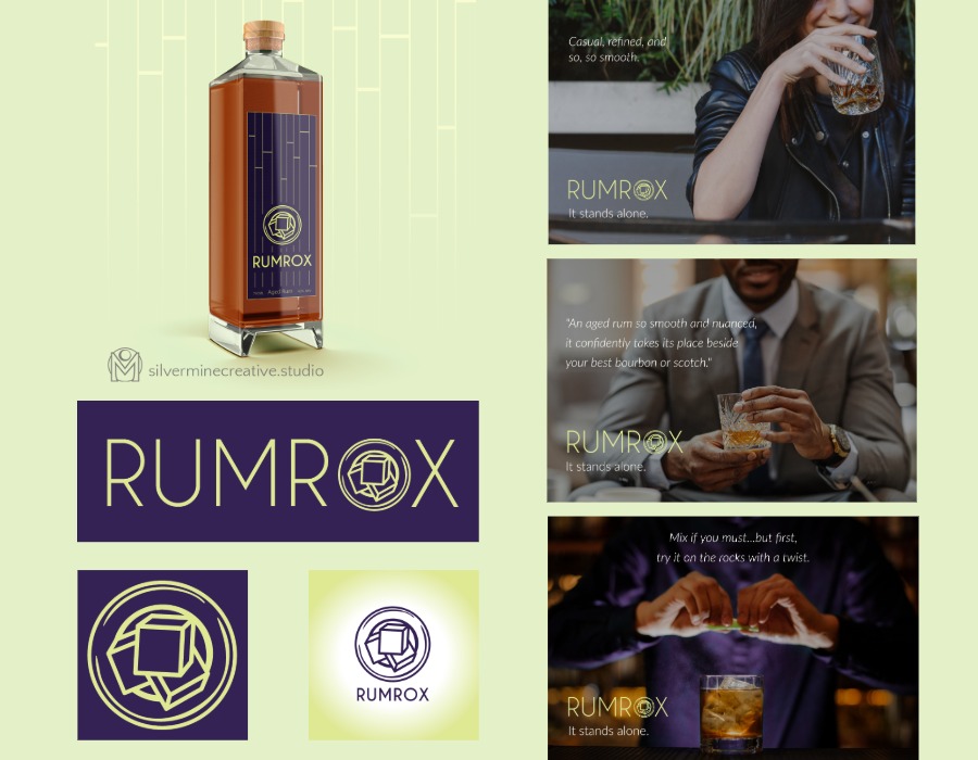 Brand Ecosystem for grid RumRox, depicting logos, bottle design, and 3 print ads