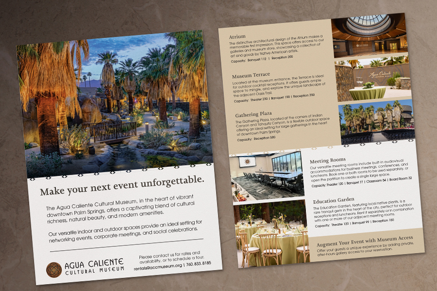 Special events marketing flyer for the Agua Caliente Cultural Museum, Palm Springs, CA