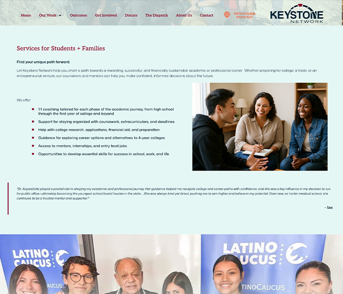 A page from the Keystone Network website outlining services for students and families
